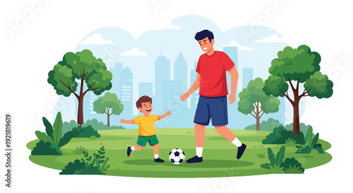 Modern vector illustration of father playing soccer with son in park field in flat solid color style celebrating active fatherhood, bonding, teamwork and healthy family lifestyle