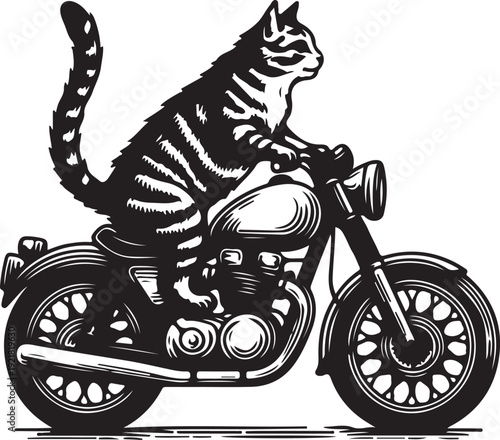  cat riding a motorcycle, cool and adventurous vibe sketch engraving generative ai fictional character PNG illustration. Scratch board imitation. Black and white