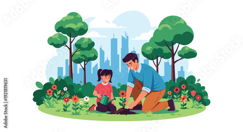 Modern vector illustration of father and daughter planting flowers in backyard garden in flat solid color style symbolizing nurturing fatherhood, growth, guidance and family bonding
