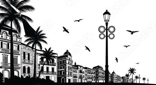 Black and white of a tropical city street with buildings palm trees street lamps and flying birds