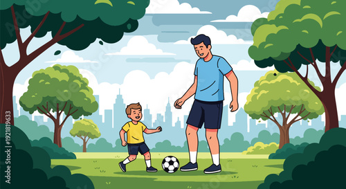 Modern vector illustration of father playing soccer with son in park field in flat solid color style celebrating active fatherhood, bonding, teamwork and healthy family lifestyle