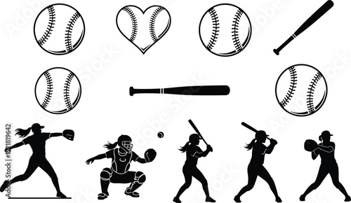 Softball baseball silhouette set vector illustration, female player pitcher catcher batter with bats balls and heart design elements collection