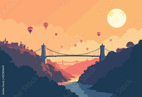 Bristols Clifton Suspension Bridge spanning gorge Hot air balloons tiny silhouettes drifting across warm orange sun Iconic travel art