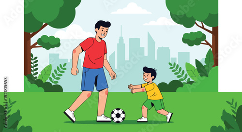 Modern vector illustration of father playing soccer with son in park field in flat solid color style celebrating active fatherhood, bonding, teamwork and healthy family lifestyle