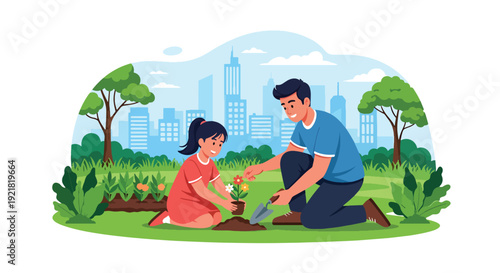 Modern vector illustration of father and daughter planting flowers in backyard garden in flat solid color style symbolizing nurturing fatherhood, growth, guidance and family bonding