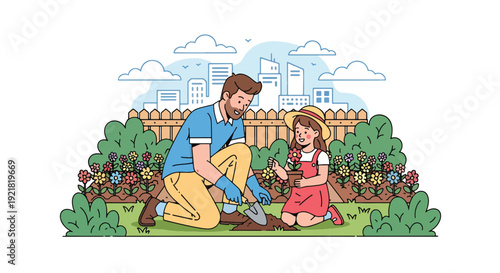 Modern vector illustration of father and daughter planting flowers in backyard garden in flat solid color style symbolizing nurturing fatherhood, growth, guidance and family bonding