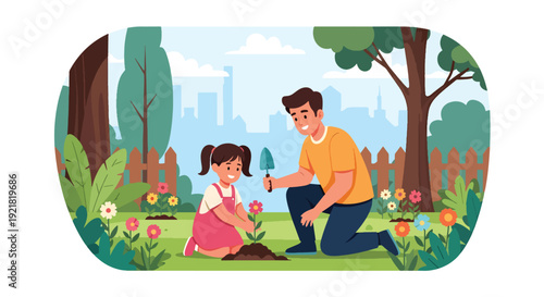 Modern vector illustration of father and daughter planting flowers in backyard garden in flat solid color style symbolizing nurturing fatherhood, growth, guidance and family bonding