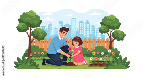 Modern vector illustration of father and daughter planting flowers in backyard garden in flat solid color style symbolizing nurturing fatherhood, growth, guidance and family bonding