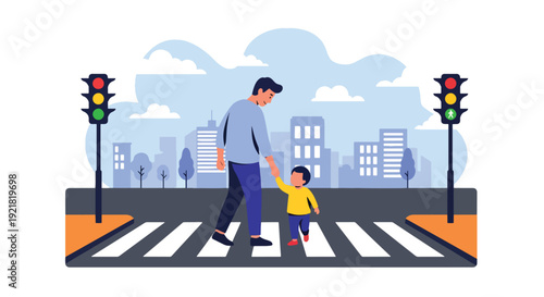 Modern vector illustration of father holding child hand while crossing street in flat solid color style representing protective fatherhood, safety awareness and caring parenting