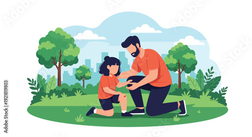 Modern vector illustration of father kneeling to comfort child after fall in playground in flat solid color style emphasizing emotional fatherhood, reassurance and protective support
