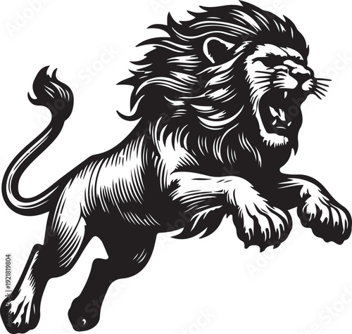 lion in a powerful pouncing position, with a flowing mane, drawn an engraving style sketch engraving generative ai PNG illustration. Scratch board imitation. Black and white