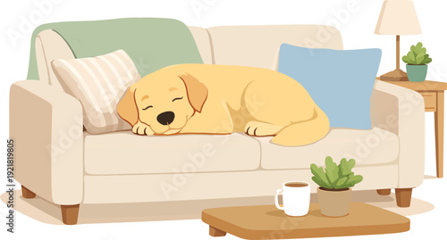 Cute golden retriever pet taking a peaceful nap on comfortable couch in modern home interior flat vector illustration.