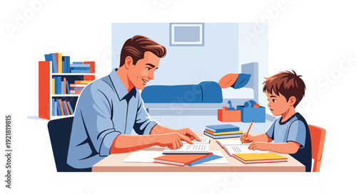 Modern vector illustration of father assisting child with homework at desk in flat solid color style representing mentoring fatherhood, education support and patient guidance