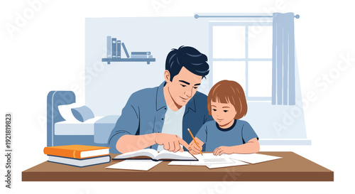 Modern vector illustration of father assisting child with homework at desk in flat solid color style representing mentoring fatherhood, education support and patient guidance