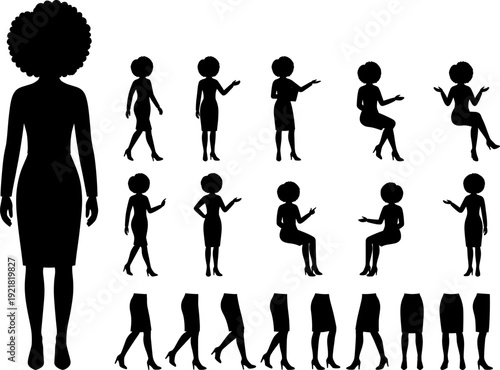 Set of sixteen stylized black silhouette icons of woman with afro hairstyle in various poses, gestures, and movement motifs