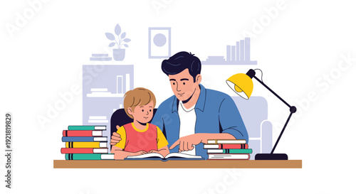 Modern vector illustration of father assisting child with homework at desk in flat solid color style representing mentoring fatherhood, education support and patient guidance