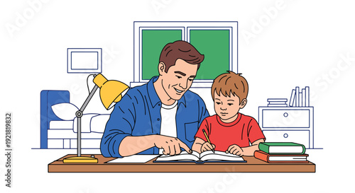 Modern vector illustration of father assisting child with homework at desk in flat solid color style representing mentoring fatherhood, education support and patient guidance