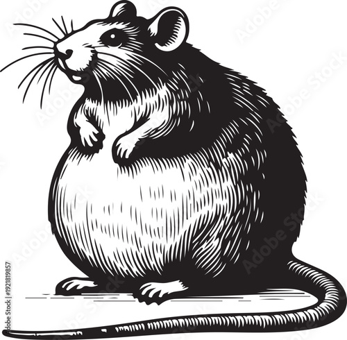 plump chubby rat, intricate linework and shading, showcasing a whimsical and humorous design sketch engraving generative ai raster illustration. Scratch board imitation. Black and white