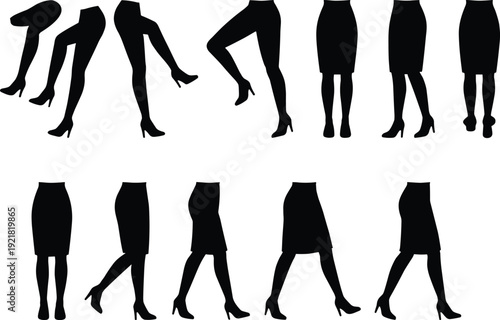 Set of twelve stylized black silhouette icons of legs in skirt and heels, symbolizing walking, posture, and fashion motifs
