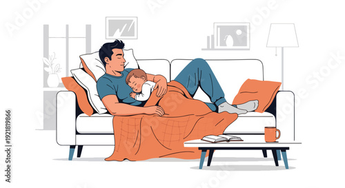 Modern vector illustration of father and baby sleeping together on couch in flat solid color style highlighting tender fatherhood bonding, affection and peaceful family moment