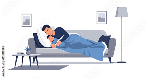 Modern vector illustration of father and baby sleeping together on couch in flat solid color style highlighting tender fatherhood bonding, affection and peaceful family moment
