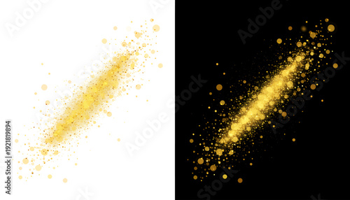 Golden sparkle particle effect, light trail with yellow glitter on white and black backgrounds