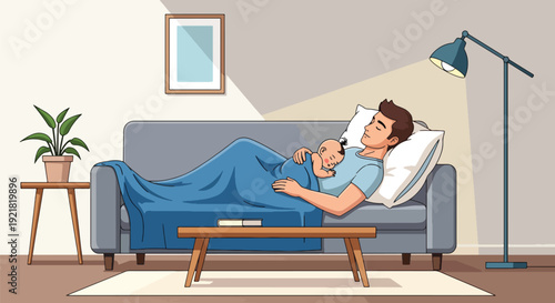 Modern vector illustration of father and baby sleeping together on couch in flat solid color style highlighting tender fatherhood bonding, affection and peaceful family moment