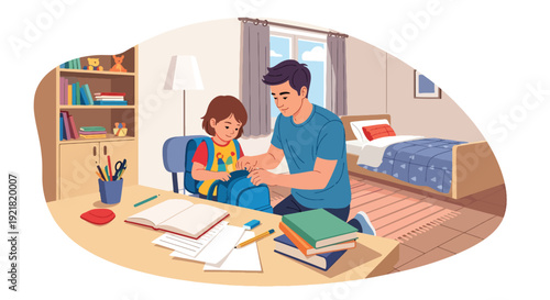 Modern vector illustration of father helping child pack school bag at desk in flat solid color style representing supportive fatherhood and responsible daily parenting routine