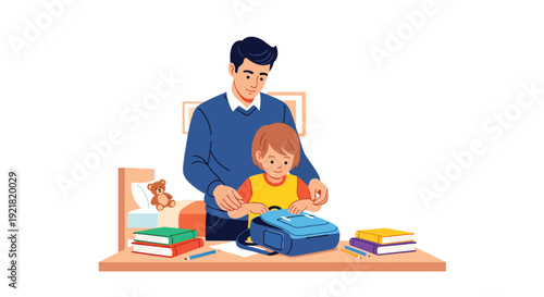 Modern vector illustration of father helping child pack school bag at desk in flat solid color style representing supportive fatherhood and responsible daily parenting routine