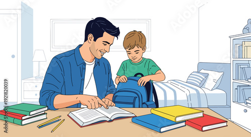 Modern vector illustration of father helping child pack school bag at desk in flat solid color style representing supportive fatherhood and responsible daily parenting routine