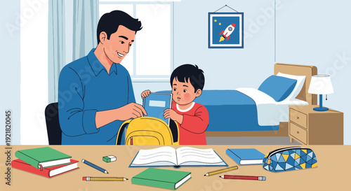 Modern vector illustration of father helping child pack school bag at desk in flat solid color style representing supportive fatherhood and responsible daily parenting routine