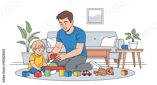 Modern vector illustration of father and child building toy blocks together in living room in flat solid color style highlighting creative fatherhood bonding and playful learning