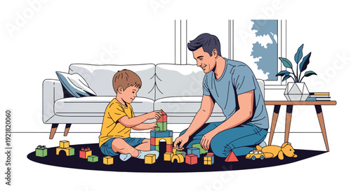 Modern vector illustration of father and child building toy blocks together in living room in flat solid color style highlighting creative fatherhood bonding and playful learning