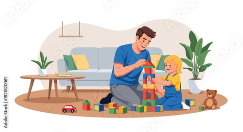 Modern vector illustration of father and child building toy blocks together in living room in flat solid color style highlighting creative fatherhood bonding and playful learning