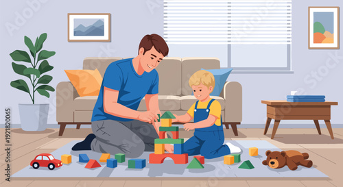 Modern vector illustration of father and child building toy blocks together in living room in flat solid color style highlighting creative fatherhood bonding and playful learning