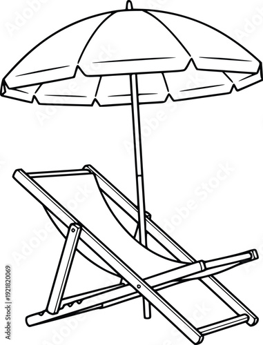Beach Chair and Umbrella Line Art Vector Illustration