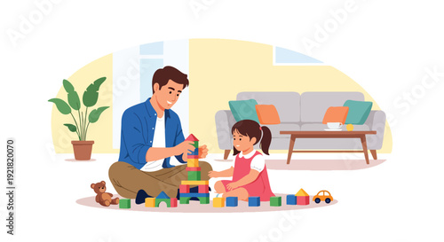Modern vector illustration of father and child building toy blocks together in living room in flat solid color style highlighting creative fatherhood bonding and playful learning