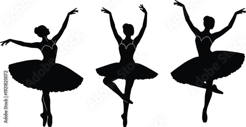 Graceful ballerina silhouettes collection performing ballet poses isolated on white background, elegant female dancer movement classical art vector illustration set