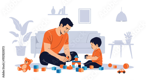 Modern vector illustration of father and child building toy blocks together in living room in flat solid color style highlighting creative fatherhood bonding and playful learning