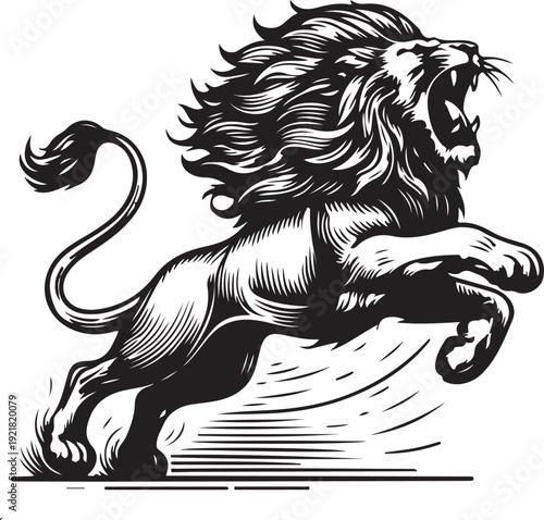 lion in a powerful pouncing position, with a flowing mane, drawn in an engraving style sketch engraving generative ai PNG illustration. Scratch board imitation. Black and white