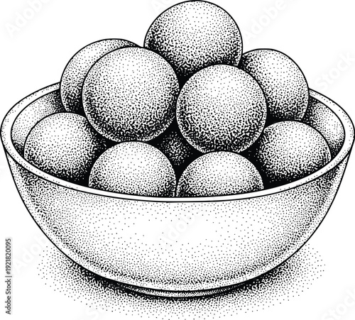 Bowl of Fruits or Balls Stipple Vector Illustration