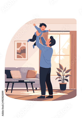 Modern vector illustration of father lifting child in air inside living room in flat solid color style expressing joyful fatherhood, happiness and loving family bond