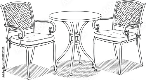 Black and white of two wicker chairs and round table patio furniture outdoor furniture