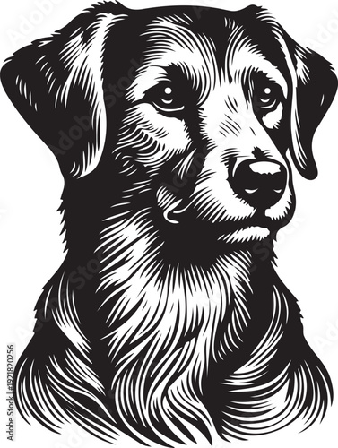 cheerful dog with detailed fur texture, expressive eyes, and a decorative leaf accent sketch engraving generative ai vector illustration. Scratch board imitation. Black and white