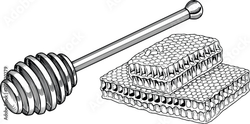 Honeycomb and Honey Dipper Vintage Style Vector Illustration