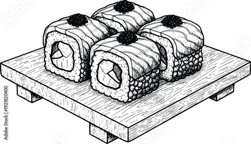 Sushi Rolls with Caviar Black Vector Illustration