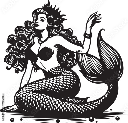 mermaid, with flowing hair and seashell top, exuding classic retro fantasy charm sketch engraving generative ai fictional character PNG illustration. Scratch board imitation. Black and white