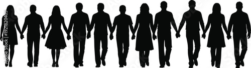 Group of people holding hands silhouette vector illustration, diverse men and women united in solidarity isolated on white background