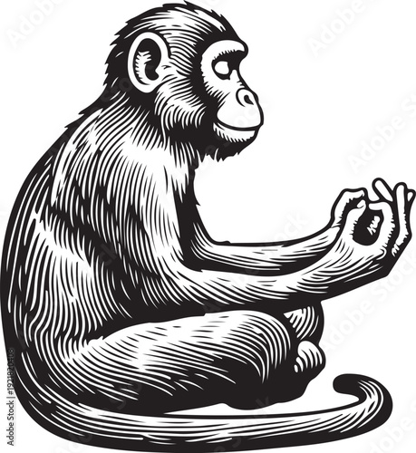 thoughtful meditating monkey in seated position sketch engraving generative ai raster illustration. Scratch board imitation. Black and white