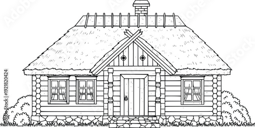 Traditional Cottage House Black and White Vector Illustration